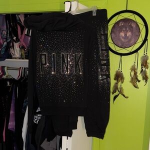 PINK Victoria's Secret Bling Kit Black Hoodie Pants Silver Iridescent Sequin M
